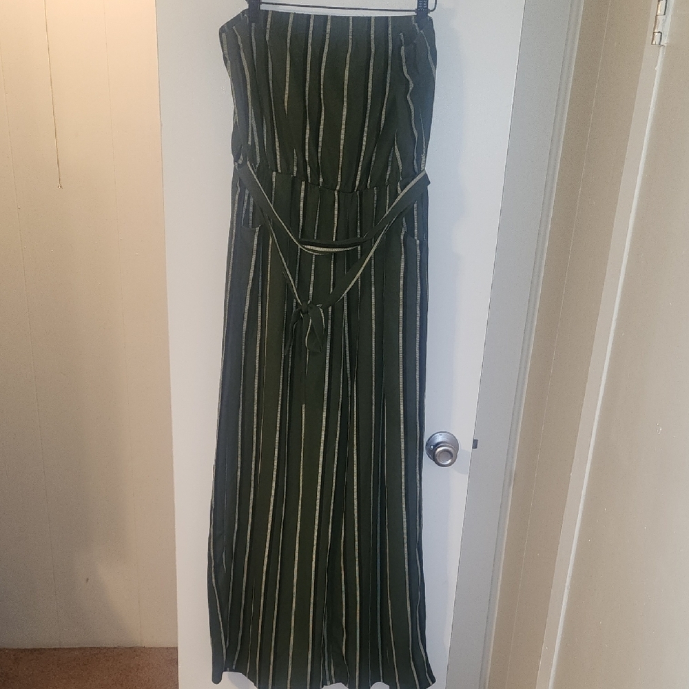 Green and White Striped Strapless Jumpsuit